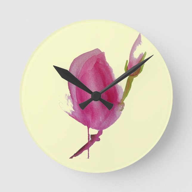 Reloj Redondo Mediano Arte de flores acuáticas de Magnolia rosa (Anverso)