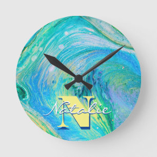 Reloj Redondo Mediano Arte de flujo acrílico azul Aqua