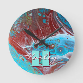 Reloj Redondo Mediano Arte de flujo acrílico de cobre y Verde azulado