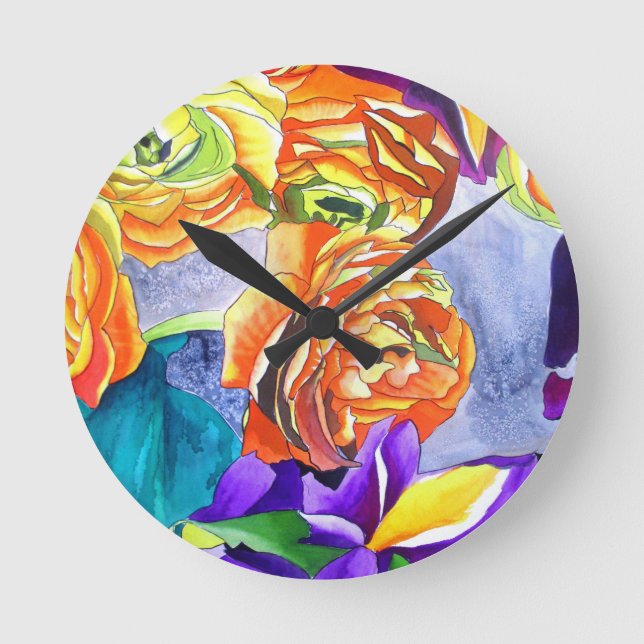 Reloj Redondo Mediano Arte de la acuarela de Ranunculus e Iris (Anverso)