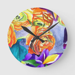 Reloj Redondo Mediano Arte de la acuarela de Ranunculus e Iris