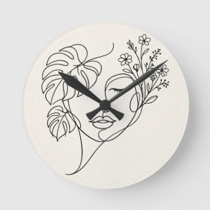 Reloj Redondo Mediano Arte de línea de cara floral Monstera