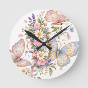Reloj Redondo Mediano Arte de Mariposa Pastel Adorable 