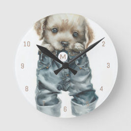 Reloj Redondo Mediano Arte de Monograma de Cachorro Lindo con Vaqueros