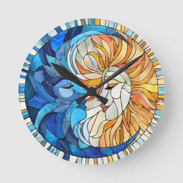 Reloj Redondo Mediano Arte de mosaico de sol y luna (Anverso)