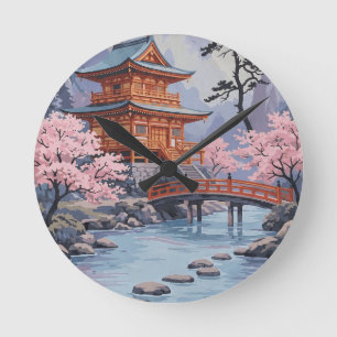 Reloj Redondo Mediano Arte de paisaje de flor de cerezo de pagoda japone