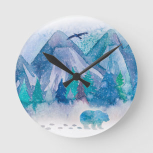 Reloj Redondo Mediano Arte de paisaje montañoso invernal con acuarela az