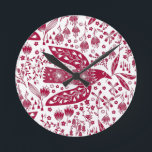 Reloj Redondo Mediano Arte de pájaro rojo<br><div class="desc">Palomas rojas y blancas por la paz. Arte original de Nic Squirrell.</div>