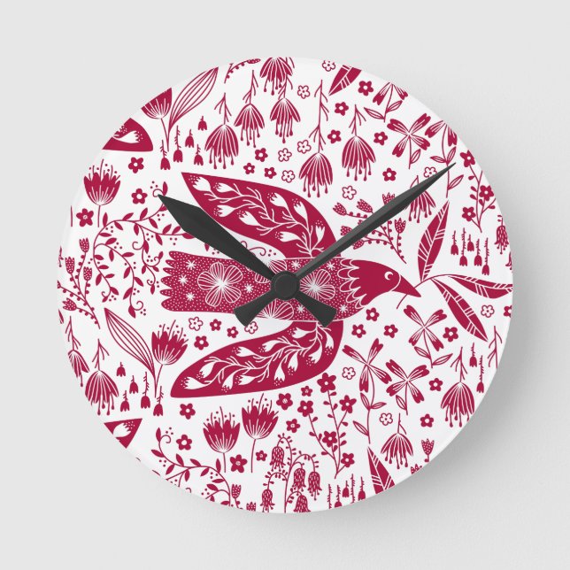 Reloj Redondo Mediano Arte de pájaro rojo (Anverso)