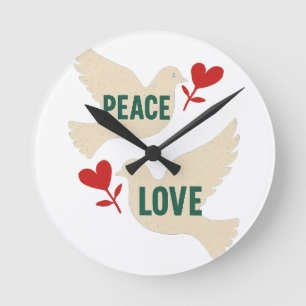 Reloj Redondo Mediano Arte de paloma vintage Paz y Amor con motivo de co