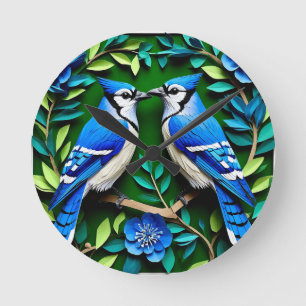 Reloj Redondo Mediano Arte de papel de Jay birds azul