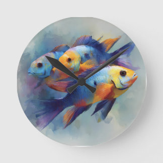 Reloj Redondo Mediano Arte de pared en lienzo tríptico de peces tropical