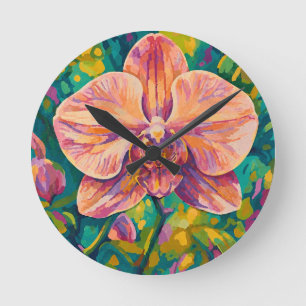 Reloj Redondo Mediano Arte de Pared Floral Orquídea Vibrante