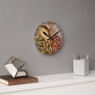 Reloj Redondo Mediano Arte de pared náutico rústico de pulpo de casa de
