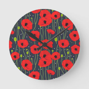 Reloj Redondo Mediano Arte de patrón de amapolas rojas modernas vibrante