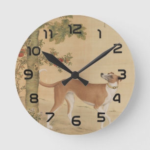 Reloj Redondo Mediano Arte de perro galgo chino vintage y pájaro