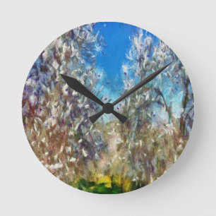 Reloj Redondo Mediano Arte de Pointillismo en árbol de almendras de prim
