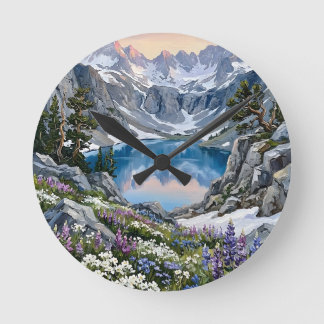 Reloj Redondo Mediano Arte de pradera de flores silvestres del lago Moun