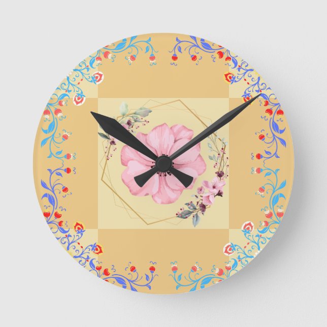 Reloj Redondo Mediano Arte de primavera, diseño gráfico de flores (Anverso)
