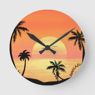 Reloj Redondo Mediano Arte de silueta de palma de puesta de sol de playa