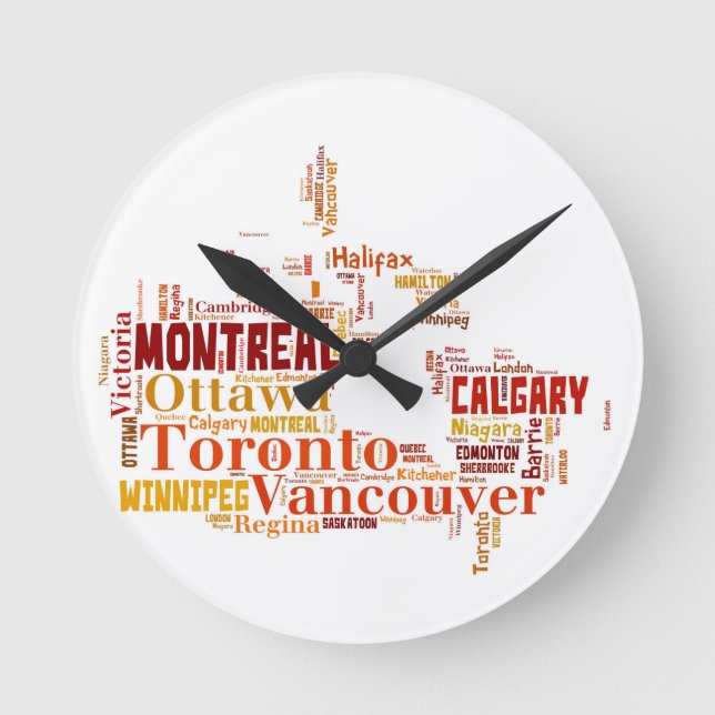 Reloj Redondo Mediano Arte de Word en Ciudades de Canadá (Anverso)