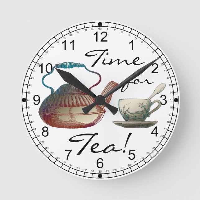 Reloj Redondo Mediano Arte del pote del té y de la taza de té (Anverso)