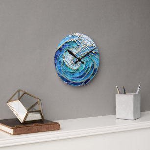 Reloj Redondo Mediano Arte en Mosaico de Mar de Olas