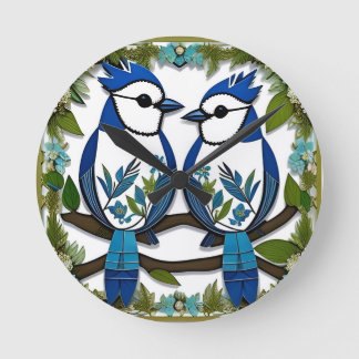 Reloj Redondo Mediano Arte en papel de pájaros arrendajos azules