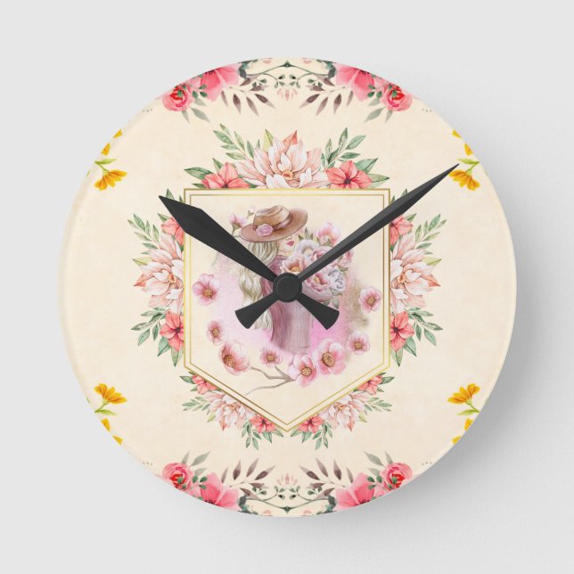 Reloj Redondo Mediano Arte Floral Brillante, Dama Rosa De Primavera (Anverso)