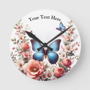 Reloj Redondo Mediano Arte Floral de Mariposa Azul Personalizable-96279
