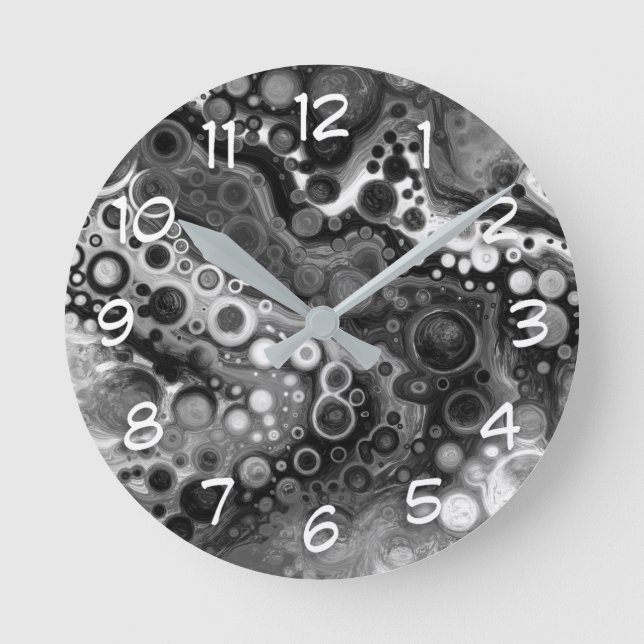 Reloj Redondo Mediano Arte fluido digital en blanco y negro (Anverso)