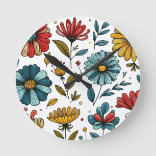 Reloj Redondo Mediano Arte Folclórico Retro Floral