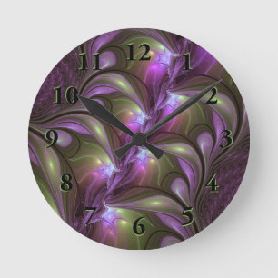Reloj Redondo Mediano Arte fractal abstracto colorido violeta púrpura ca