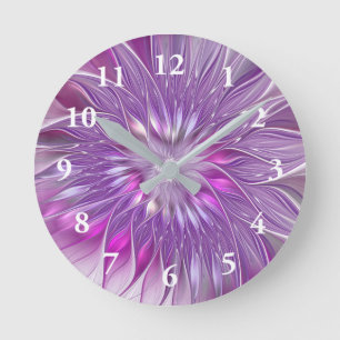 Reloj Redondo Mediano Arte fractal abstracto de flor apasionada púrpura