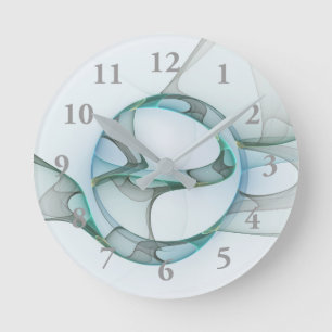Reloj Redondo Mediano Arte fractal abstracto moderno azul turquesa gris