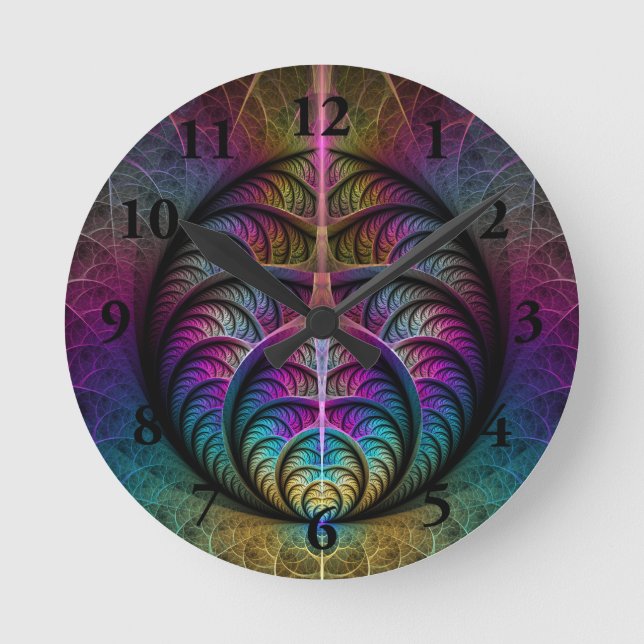 Reloj Redondo Mediano Arte fractal colorido con estampado trippy (Anverso)