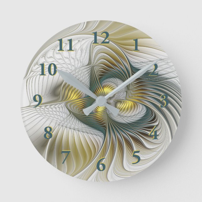 Reloj Redondo Mediano Arte fractal de fantasía Verde azulada de oro nobl (Anverso)