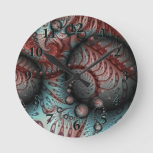 Reloj Redondo Mediano Arte fractal de fantasía vívida abstracta marrón a