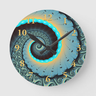 Reloj Redondo Mediano Arte fractal en espiral abstracto azul turquesa na