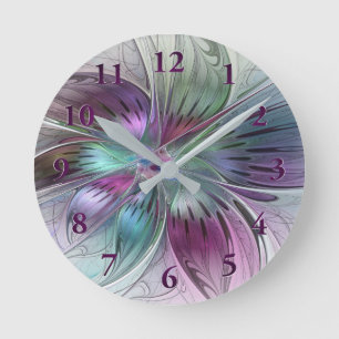 Reloj Redondo Mediano Arte fractal floral moderno abstracto colorido