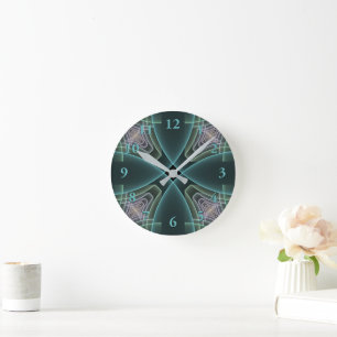 Reloj Redondo Mediano Arte gráfico geométrico fractal teal moderno
