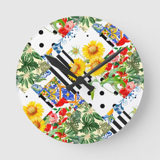 Reloj Redondo Mediano Arte italiano, siciliano, mosaico, flores de veran (Anverso)