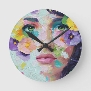 Reloj Redondo Mediano Arte mural surrealista mujer ojos florales pétalos