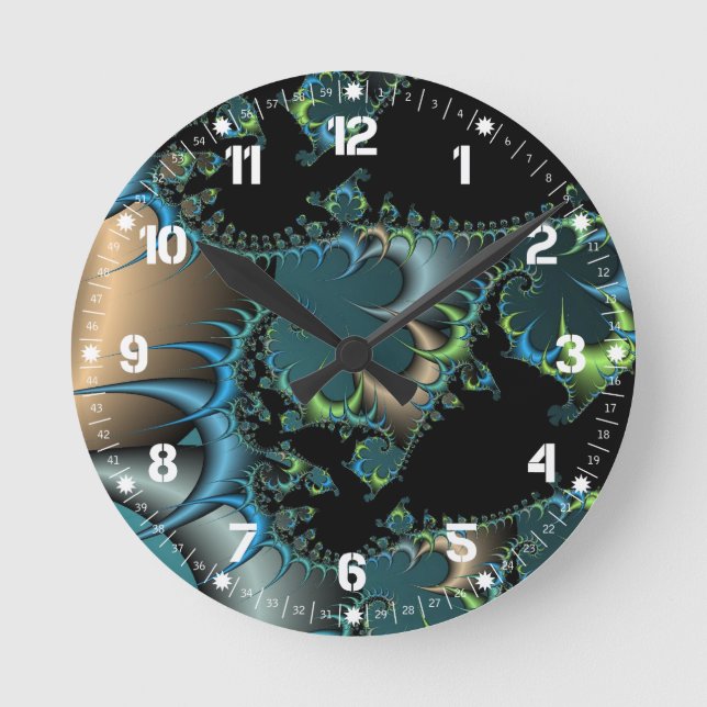 Reloj Redondo Mediano Arte negro verde azulado enrrollado del fractal de (Anverso)