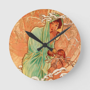 Reloj Redondo Mediano Arte Nouveau de Alphonse Mucha Invierno