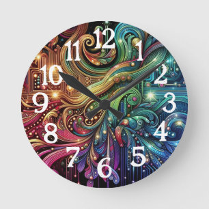 Reloj Redondo Mediano Arte Nuevo Arte Deco Arcoíris Tarjeta de Circuito
