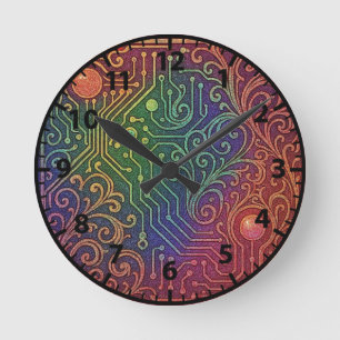 Reloj Redondo Mediano Arte Nuevo Arte Deco Arcoíris Tarjeta de Circuito