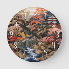 Reloj Redondo Mediano Arte paisajístico japonés: Cascada y pueblo