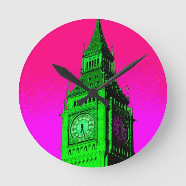 Reloj Redondo Mediano Arte pop Big Ben Londres Viaje verde rosa (Anverso)