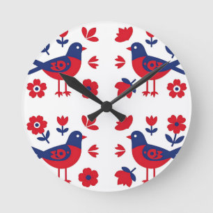 Reloj Redondo Mediano Arte popular patrón floral pájaro rojo azul